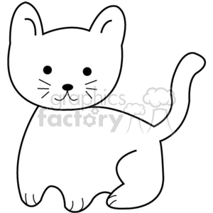 The clipart image shows a simple, cartoon-style drawing of a cat. The cat appears in a profile stance with its tail curling upwards. It has prominent, simple features such as round eyes, a tiny nose, and whiskers.
