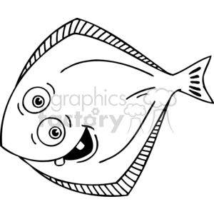 This is a black and white clipart image of a cartoon fish depicted with a humorous expression. It has large, googly eyes, an open, smiling mouth, and a round body with a striped pattern along its edges, ending in a simple tail fin.