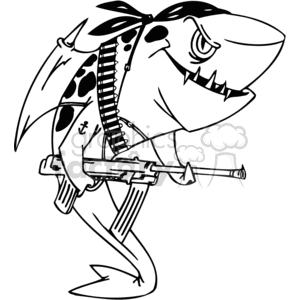 The clipart image depicts a shark dressed in a humorous and anthropomorphic way resembling a pirate or military character. The shark is wearing a pirate's bandana with a skull and crossbones, has an eye patch, and is armed with a machine gun. Additionally, it has a bullet belt slung across its body.