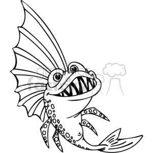 The clipart image features a cartoon-style depiction of a funny-looking fish with prominent features. The fish has a large, exaggerated fin, bulging eyes on top of its head, a wide open mouth with visible sharp teeth, and a body with scales and spots as well as several tentacle-like fins.