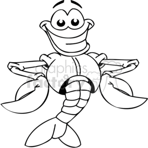 This image depicts a cartoon lobster. The lobster has a friendly and anthropomorphic appearance, characterized by a big smile, stylized eyes, and a symmetrically shaped body. It has two large claws, a segmented tail, and several legs that are extending outward in a welcoming or presenting gesture.