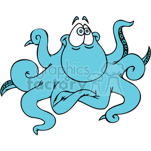 This clipart image features a funny cartoon octopus. The octopus is colored blue, and it appears to have a surprised or bemused expression on its face, with its eyes wide open and eyebrows raised. It has eight tentacles, some of which are angled to give the impression of arms resting on imagined hips, enhancing the humorous nature of the illustration.