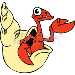 The clipart image displays a comical cartoonish red hermit crab with a big eye, occupying a yellow snail shell. The hermit crab has one large raised claw that is disproportionately bigger compared to its body and another smaller claw held close to its eye, giving it a whimsical and animated appearance.