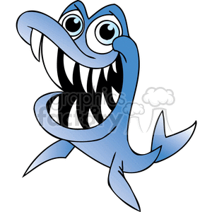 This image depicts a humorous cartoon representation of a barracuda fish. The fish is characterized by exaggerated features such as a large mouth filled with sharp white teeth, wide and comical eyes, and a slightly curved body that creates a sense of movement and playfulness.