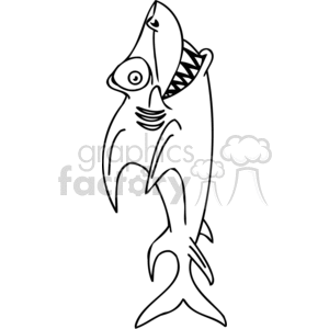 The clipart image depicts a humorous and exaggerated cartoon representation of a shark. The shark is styled with oversized, bulging features including a large eye and a massive, toothy grin. It has an animated expression, suggesting surprise or shock, which contributes to its comedic appearance. The shark's body is contorted into a dynamic pose, adding to the sense of whimsy.