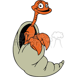 This clipart image depicts a cartoon hermit crab with a funny expression. The hermit crab is orange and has bulging eyes and a friendly smile, and it's peering out from a spiral shell that houses its body. 