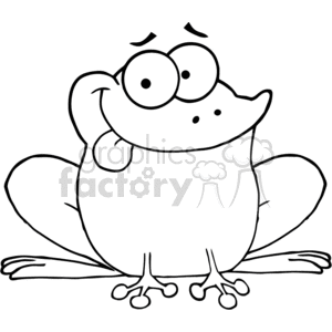 The image is a black and white line art of a cartoon frog. The frog has a comical appearance with oversized, bulging eyes, and a goofy expression. Its limbs are spread out, with webbed feet visible, typical of amphibians, suggesting it could be ready to leap or is simply lounging.