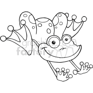 The image displays a cartoon-style clipart of a frog. The frog appears to be funny and whimsical, with exaggerated features such as large eyes, a wide smile, and comically oversized webbed feet. Notably, the frog has spots on its body and head, which adds to its cartoonish charm.