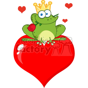 The clipart image features a whimsical green frog wearing a gold crown and holding a red rose in its mouth. The frog is seated on a large red heart shape, signifying love or romance, while two smaller red hearts float above, emphasizing the affectionate theme of the picture.