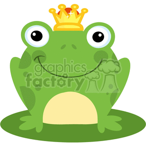 The clipart image features a cartoon-style green frog sitting on a lily pad. The frog has big, round eyes and a friendly smile. On top of its head is a yellow crown with red accents, giving the impression that the frog could be seen as a king or prince in a whimsical, fairy-tale setting. The crown has three visible points, and there are several white circles that probably represent jewels.