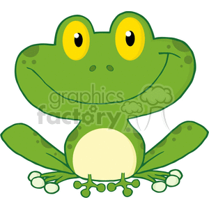 This clipart image depicts a cartoon-style frog. The frog is green with a lighter green belly and distinct big yellow eyes with black pupils. It has a friendly facial expression and is shown in a sitting position with its legs spread out and toes splayed.