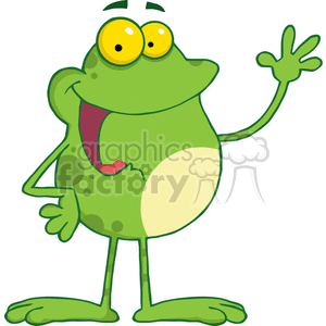 The image is a piece of cartoonish clipart depicting a funny-looking green frog. The frog is standing upright on two legs and appears to be in a cheerful pose, with one hand raised in a waving or greeting gesture. It has a big smile, wide open eyes, and a slightly tilted head, which gives it an amiable and whimsical character typically found in illustrations intended for humor or to appeal to children.