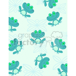 The clipart image features a pattern of whimsically drawn, smiling cartoon frogs with large, expressive eyes. The frogs are depicted in various playful poses. Some appear to be in a seated position, while others look like they are jumping. Each frog has a light bluish-green body with darker blue spots and limbs, along with bright green eyes. The background of the image is a light blue with faint floral or snowflake-like patterns in a slightly darker shade of blue.