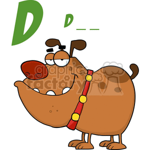 This is a clipart image of a funny cartoon dog with a red collar with yellow accents. The dog appears to be grinning. There are also large and small green letters D next to the dog, likely indicating that the image is associated with the letter D, possibly for educational purposes, where you complete the word