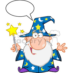 Clipart of Funny Wizard Waving With Magic Wand And Speech Bubble