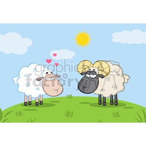 Royalty Free RF Clipart Illustration White Sheep In Love With Ram Sheep On A Meadow