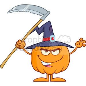 Royalty Free RF Clipart Illustration Scaring Halloween Pumpkin With A Witch Hat And Scythe Cartoon Mascot Character