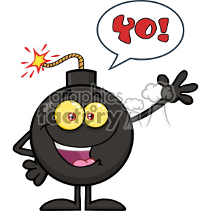 10780 Royalty Free RF Clipart Happy Funny Bomb Cartoon Mascot Character Waving For Greeting With Speech Bubble And Text Yo! Vector Illustration