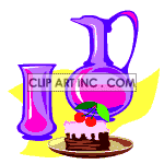 Cake with cherries on top with an animated pitcher pouring a drink 