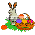 Animated grey rabbit with eggs bouncing in basket