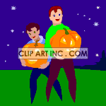 Two animated boys holding pumpkins under a starry sky