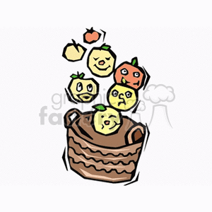 The clipart image depicts a whimsical scene with a group of cartoon-style apples with expressive faces. These apples appear as if they are jumping out of a brown woven basket. The basket looks like it's designed for holding fruit, common in agricultural or picnic settings. The apples come in various colors, indicating different varieties, and each has a unique facial expression, adding a playful or cute element to the image.