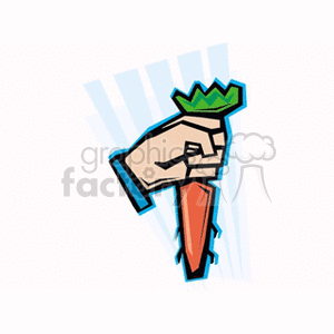 The image is a stylized cartoon clipart of a man's hand gripping a large carrot by its green top. The carrot is orange, and it looks like it has just been pulled out of the ground, representing agriculture or gardening. The background features abstract blue lines, suggesting motion or emphasis on the carrot.