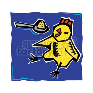 This clipart image depicts a stylized yellow chick, often associated with chickens and farms. The chick appears to be in motion with one wing extended and one foot forward. The background is a solid color with a rough border, contrasting with the simplicity of the chick's design. In the top left corner, there's an image of a hand shovel with what appears to be feed or grain on it, further reinforcing the agricultural theme.