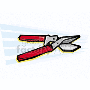 The clipart image shows a stylized representation of a pair of gardening shears. The shears appear to have red handles and silver-colored blades, with one blade featuring serrated edges. The background gives the impression of motion or cutting action.