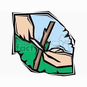 This clipart image depicts a hand using a knife to cut or prune a green plant or branch. The image portrays an action common in gardening or agriculture where plants are trimmed for better growth or to maintain shape.