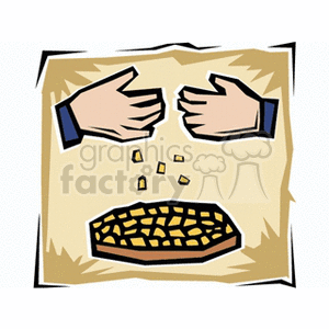 The clipart image shows a stylized representation of two hands above a bowl filled with what appears to be kernels of corn. The kernels are spilling from one hand into the bowl. The background is a simple tan color, which might represent a table or a counter surface. The artwork is done in a cartoon-like style.