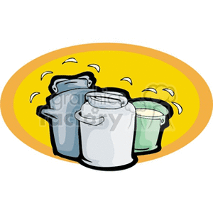 The image shows three dairy milk canisters in colors of silver, white, and green with flies hovering above them against a yellow background.