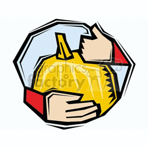 This clipart image depicts a stylized version of a person's hands holding a yellow pumpkin. The pumpkin is simplified and cartoonish, with bold outlines and flat colors. The hands are only partially visible, showing only the fingers and thumbs grasping the pumpkin against a white and blue hexagonal background.