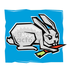 The clipart image depicts a stylized gray rabbit with bold outlines, positioned against a blue background. The rabbit appears to be eating a carrot, with pieces of carrots depicted in different colors, suggesting a playful and abstract take on the subject.