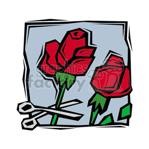 The clipart image shows two red roses with green stems and leaves. One of the roses appears to be trimmed or cut, and there is a pair of gray scissors lying beneath the roses. The background is a simple abstract gray frame.
