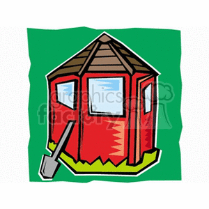 The clipart image features a red barn or shed with a brown roof. There are two windows visible on the barn, and it's standing on a patch of green, presumably grass. Next to the barn, there is a gray shovel with its handle leaning against the building. The background is a wavy green, giving the impression of a windy day or rolling hills.