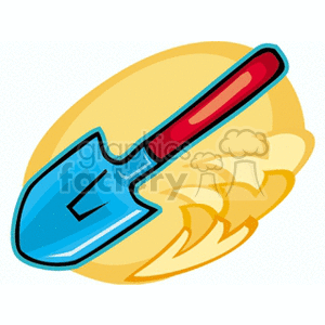 The image is a clipart illustration of a blue spade or shovel with a red handle, typically used for gardening or landscaping tasks. The shovel is depicted with a stylized, cartoon-like appearance against a circular yellow background, which may represent the sun or simply serve as a backdrop to highlight the tool.
