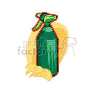 The clipart image depicts a green spray bottle with a spray of liquid coming out from the nozzle. It is tied with a red and yellow cloth at the neck, which implies that it might be used in an agricultural setting for spraying water or other substances on plants.