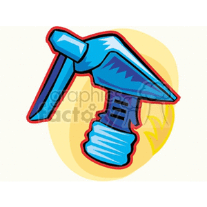 The clipart image shows a blue spray bottle head or nozzle. This is the part of a spray bottle that one would press to release the spray. The illustration captures the details like the trigger lever, the nozzle where the liquid comes out, and the part that screws onto the bottle. There's an implied action of spraying, as indicated by the lines and the background.