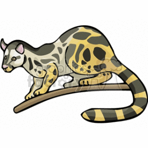 The clipart image depicts a stylized representation of a feline animal sitting on a branch. It features characteristics of feliform predators such as a slender body, a long tail with rings, and spots on its fur that could be suggestive of a wild cat species like a genet or an ocelot.