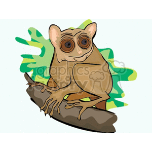 The image is a clipart depiction of a galago, commonly known as a bushbaby. The bushbaby is an African nocturnal primate with large eyes, sitting on a branch, likely representing its natural behavior of climbing and being active at night. The background includes green foliage, which is typical of the bushbaby's habitat. 