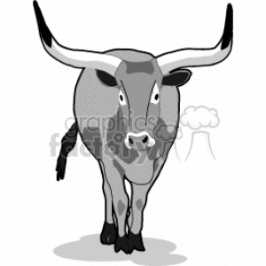 This clipart image features a stylized illustration of a bull or ox with prominent, big horns, standing front-facing towards the viewer. The animal appears to be in grayscale with spots or patches, characteristic of certain cow breeds.