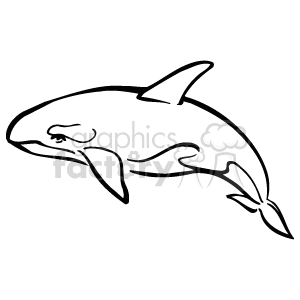 The image appears to be a black and white line art or clipart of a whale. It's a simple outline drawing that captures the basic shape and features of the whale, including the fins, fluke (tail), and the distinctive head shape that might suggest it's a specific type of whale, possibly a killer whale (Orcinus orca) based on the shape of the dorsal fin and the profile of the head. However, without additional detail or color, it is sometimes difficult to identify the exact species.