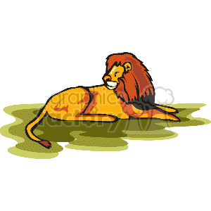 The clipart image depicts a male lion with a prominent mane lying down and appearing to rest. The lion is often referred to as the king of the jungle, and is a big cat that is native to Africa. The image portrays the lion in a relaxed pose, commonly associated with these animals when they are not hunting or active.