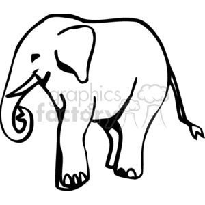 The image depicts a simple black and white line drawing of an elephant. The elephant is shown in profile, facing to the left, with prominent features such as its trunk, tusks, ears, and legs clearly outlined.