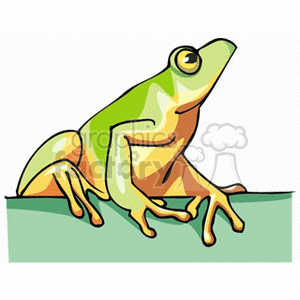This is an image of a stylized cartoon frog. The frog is predominantly green with a yellow belly, depicted in a sitting position, possibly on a leaf or ledge near water.