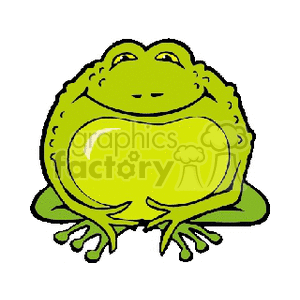 The image depicts a stylized cartoon of a smiling frog. The frog is predominantly green with a lighter belly, and it appears to be sitting down.