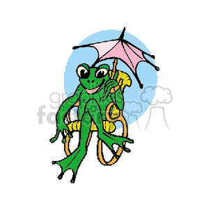 The image features a cartoon-style drawing of a green frog. The frog is shown lounging comfortably on a yellow lounge chair under a pink umbrella. It has a relaxed pose with long legs stretched out, embodying the concept of relaxation and leisure.