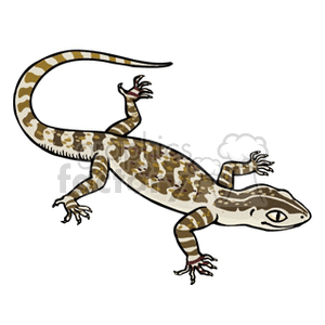 The image depicts a cartoon of a lizard featuring characteristic stripes, and it looks to be designed to represent a species that could be found in a desert environment. Its coloration includes shades of brown with patterns that could be used for camouflage.