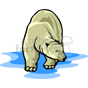 The image depicts a polar bear. The bear is shown in profile, with its head lowered, walking across what appears to be patches of ice or water. This graphical representation of the bear is stylized with simple color gradients and outlines to denote its fur and features. The bear's white fur contrasts with the dark background, highlighting the polar bear's natural habitat, which typically includes icy environments. 